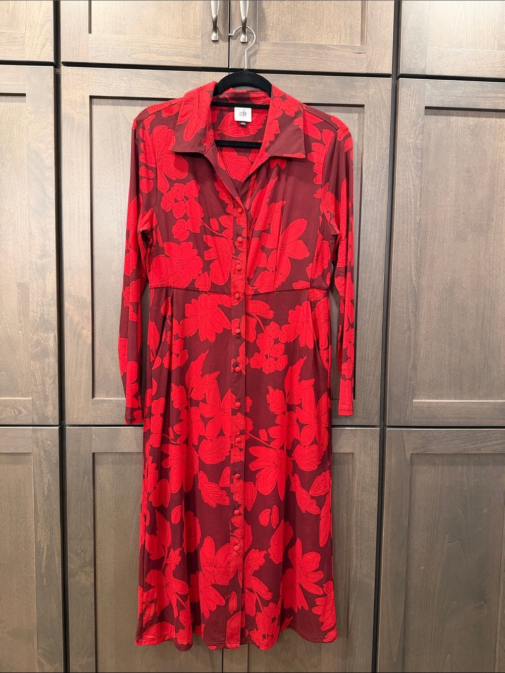 CAbi Fire & Ice Red Floral Long-Sleeve Button Front Dress EUC Luke New Small